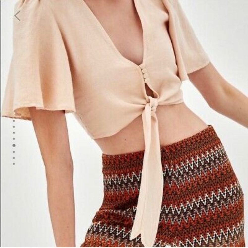 ZARA Blush Linen blend cropped knot blouse shirt boho flutter sleeves size Small